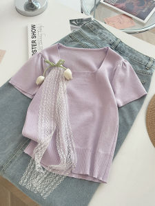 PAIBOLI | เสื้อยืดคอกว้างแขนสั้นสีม่วงหอมสำหรับผู้หญิงในช่วงฤดูร้อน ทรงหลวม สไตล์เกาหลี ผ้าฝ้ายผสมโพลีเอสเตอร์ ทรงหลวม