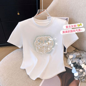 Áo Thun Tay Ngắn Thêu Viền Ren Phong Cách Trung Hoa Mới Mùa Hè Dành Cho Nữ Áo Sơ Mi Cổ Tròn Cotton 95% Spandex 5%