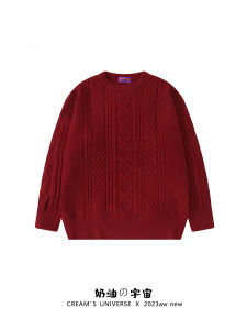 คริสต์มาส ปีใหม่ Red Twist เสื้อสเวตเตอร์ถัก ผู้หญิง สไตล์ขี้เกียจวินเทจ ฤดูใบไม้ร่วง ฤดูหนาว สินค้ามาใหม่ สบาย หลวม Fit เสื้อท่อนบน