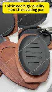 Durable Sizzling Plate Cast Iron With Wooden Steak Plate Not Easily Deformed Baking Tray Easy Clean Non-Stick Grill