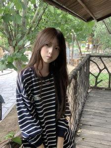 Áo Thun Dài Tay Thêu Sọc Cổ Điển Mỹ Cho Nữ Dáng Rộng Thoải Mái Phong Cách Đường Phố Thời Trang Cho Cặp Đôi Thương Hiệu Thời Trang