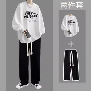 Cool Mens round Neck Sweatshirt Set Straight Leg Loose Fit Casual Sportswear Two-Piece Outfit Autumn Fashion for Teens
