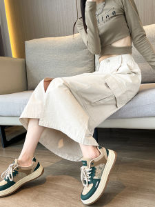 American Style Workwear High Waist Midi Skirt Womens Spring Autumn New Model Large Pocket Casual Slimming Split Skirt