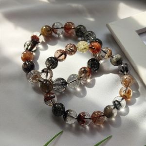 HOJB Brazilian Mixed Rutilated Phantom Crystal 5A Beads Bracelet 10-11.5mm 聚寶軒巴西彩发晶幽灵共生水晶5A圆珠手串10-11.5mm