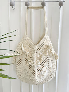 Feytiy Handcrafted Tote Bag with Floral Edging Color Block Design Large Capacity Soft Cotton Material for Casual Vacation Use