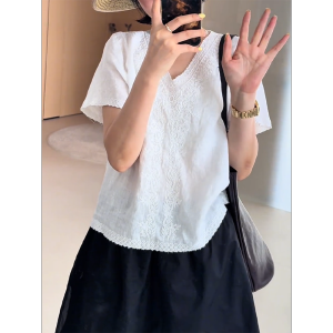 QINGNAER | White Heavy Embroidery V-Neck Short Sleeve French Unique Shirt