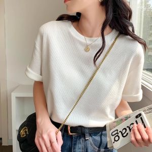 Loose Casual Short Sleeve Womens T-shirt White Summer New Style Fashion Slimming Top GIMA round Neck Basic Color Solid