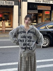 หมวกถัก Retro American High Street เสื้อสเว็ตเชิ้ต เสื้อโค้ท ตัวอักษร ซิป หลวม All Season Couple Matching โพลีเอสเตอร์ Fiber