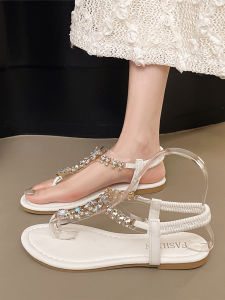 Transparent Diamond Clip-Toe Sandals Women Flat Bottom Roman Beach Shoes Summer New Style Fairy Wind French Style for Skirts