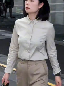 SUOXIMENG | Large Size Apricot Polo Collar Pure Color Long Sleeve Shirt Womens Fashionable Simple Commuting Autumn New Arrival Daily Match