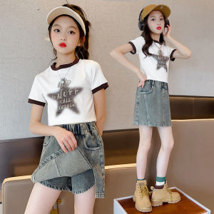 Bộ Quần Áo Trẻ Em Mùa Hè Thời Trang Bộ Quần Short Denim Hai Mảnh Cho Bé Gái Từ 4 Đến 13 Tuổi