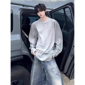 Cleanfit เสื้อยืดคู่รักแขนยาวสีขาว คอกลม ทรงหลวม ผ้าฝ้าย ทรงหลวม สำหรับผู้ชาย ฤดูใบไม้ร่วง 2025 แฟชั่น