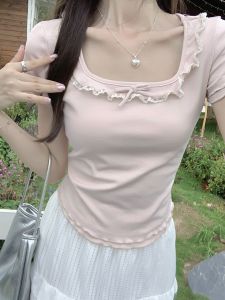 Áo Thun Tay Ngắn Cổ Vuông Thắt Nút Bướm Mùa Hè Cho Nữ Áo Ngắn Họa Tiết Ren Áo Thun Cotton Phong Cách Ngọt Ngào Gợi Cảm