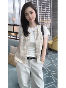 New Chinese Style Womens Jacket National Style Button Small Vest Summer Outerwear Layering Single Button round Neck