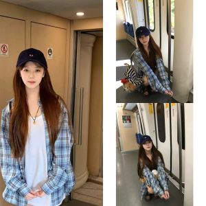 Blue Loose Long Sleeve Shirt Womens Casual Style Plaid Patterned UV Protection Outerwear Vintage American Style Versatile Top
