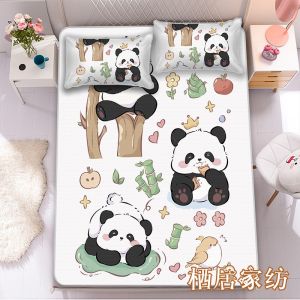 Cartoon Panda Ice Silk Set of Three Foldable Summer Children Soft Mat Home Use Cool Bedding Accessories