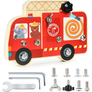 Bus Shaped Montessori Toy Educational Wooden Toys Car Screw Driver Busy Board Basic Skill Screw Bolt Screwdriver Toy Baby Toy over 3 year