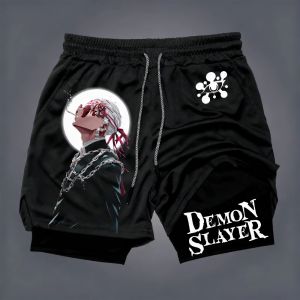 Demon Slayer Mens Double-layer Shorts Tengen Uzui Summer Japanese Anime Fake Two-piece Sports Fitness Quick-drying Shorts