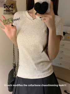 miiow | Pure Cotton V-neck Short Sleeve T-shirt Womens Summer New Basic Style Slimming Inner Wear Base Top Shoulder Width Regular