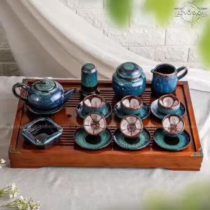 (TỔNG HỢP) Bộ ấm chén men hỏa biến xanh lòng hoa cao cấp BátTràng