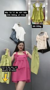 Set đồ hai dây bigsize cô nhỏ gồm áo hai dây dáng babydoll thắt nơ xinh xắn kèm quần lưng chun co giãn thoải mái SET58