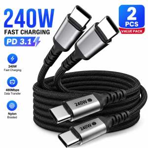Cáp Sạc Nhanh USB C 240W 2 Chiếc Màu Đen Bọc Dù Chuẩn PD3.1 Loại C Dùng Cho iPhone 17 MacBook Samsung Huawei Xiaomi Laptop