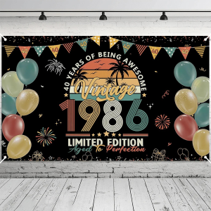 Vintage 1986 40th Birthday Backdrop Retro "40 Years of Being Awesome" Background with Palm Tree and Sunset for Party