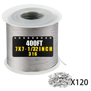 316 Stainless Steel Cable 50/100/200/400ft 1/ 32inch Inch Diameter Steel Wire Rope with Aluminum Sleeves Used for Hanging String Lights Clothes Hangers Lattice Lines