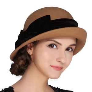 FS Black Church Hats Women Elegant Wool Fedora Hat Wide Brim Felt Cloche Bowler Cap With Bowknot Vintage Lady Purple Fedora