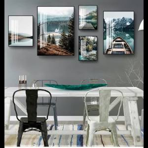 Scandinavian Nature Landscape Wall Art Poster Mountain Lake Boat Print Nordic Painting Decorative Picture Modern Home Decorat