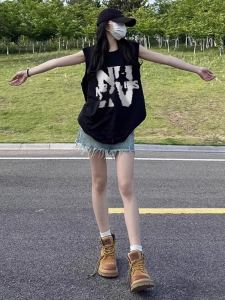 Pure Cotton Sleeveless Vest Womens Summer American Retro Sweet Spicy Loose Sporty Outerwear Street Style Printed Casual Top