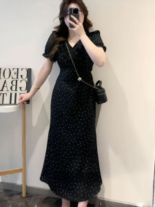 plus Size French Style Black Polka Dot Dress Commute Slim Fit Short Sleeve V Neck Long Dress a Line Skirt High Waist Spring