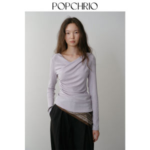POPCHRIO | Áo Thun Elegance Dập Xếp Ly Cổ Flare Tay Dài Ôm Body Cổ V Bất Quy tắc