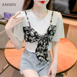 AMMIN เสื้อเบลาส์สะดวกสบายหรูหราลำลองสไตล์เกาหลีสำหรับผู้หญิงเสื้อยืดผ้าฝ้ายแขนสั้นปะต่อผูกโบว์ลายดอกไม้คอกลมเรียบง่ายใหม่ฤดูร้อน2023