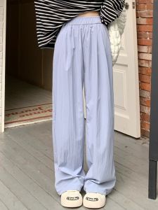 Blue Silk Wide Leg Pants for Women High Waist Straight Cut Casual Trousers Summer New Style 3mer Oh Oh San Mei
