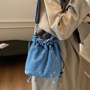 Fashionable Drawstring Bucket Bag Womens Denim Crossbody Bag Versatile Shoulder Bag Commute Casual Simple Style mid Size
