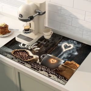 Vintage Coffee Imprint Coffee Mat Kitchen Countertop Protection Mat Super Absorbent Anti Slip Coffee Bar Mats