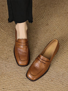 French Style Square Head High Heels Shoes Women Spring Autumn Medium Heel Leather Deep Mouth Single Shoes Comfortable to Wear