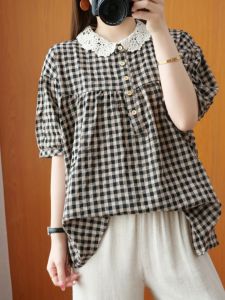 Lace Collar Plaid Shirt Cotton Top