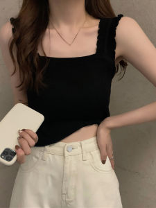 Korean Style Knitted Strap Vest Womens Summer Outdoor High Waist Short Sleeveless Top Sweet Style Pure Color Slim Fit