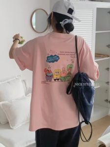 Áo Thun Cotton Tay Ngắn in Họa Tiết Hoạt Hình Cỡ Lớn Dáng Rộng Thoải Mái Cho Học Sinh Mùa Hè Thường Ngày