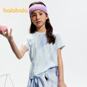 Balabala เสื้อยืดแขนสั้นเด็กผู้หญิงใหม่2024ฤดูร้อนแห้งเร็วกีฬาพิมพ์ลาย