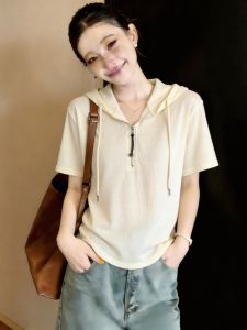 Slimming Korean Chic Half-Zip V-Neck Hooded Short-Sleeve T-Shirt