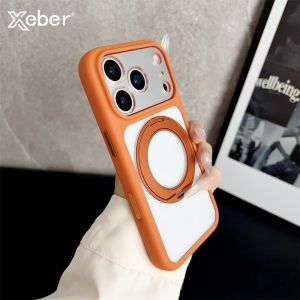 Magnetic Rotating Bracket Clear Phone Case For iPhone 17 Pro Max 17 17 Pro Frosted Transparent PC TPU Ring Stand Hard Back Cover