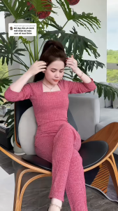 Đồ Bộ Cổ Vuông Tay Dài Quần Baggy chất liệu vải gân đũa lạnh đồ bộ ủ kem đồ bộ mặc nhà size từ 35-80kg