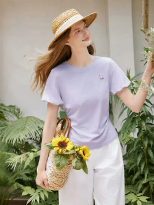 XIANGYING | Summer New Style Purple Round-neck Bubble-sleeve Embossed-flower Waist-accentuated Cotton Blouse