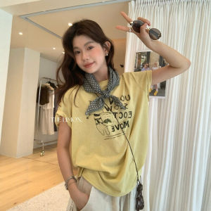 DUOFEIYAN | Áo Thun In Chữ Vintage Scarf Mùa Hè Thoáng Mát Phong Cách Bụi Cổ Tròn
