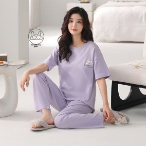Miiow | Pure Cotton Short Sleeve Sleepwear Womens Home Clothes Set With Chest Pad Summer Outwear Suitable For Youth Sweet Cute Style