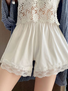 กางเกงชั้นในผ้าไหมน้ำแข็งสำหรับผู้หญิง กางเกงขาสั้นลายขอบฤดูร้อนบาง กางเกงชั้นในสำหรับใส่อยู่บ้าน กางเกงสามส่วนสำหรับป้องกันการมองเห็น