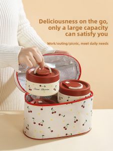 YOULUNMEI | Insulated Lunch Bag Handbag Waterproof Oil Resistant Thick Aluminum Foil Thermal Bag for Adults Portable Bento Lunch Box Carrier with Cherry Pattern for Work Outing Picnic